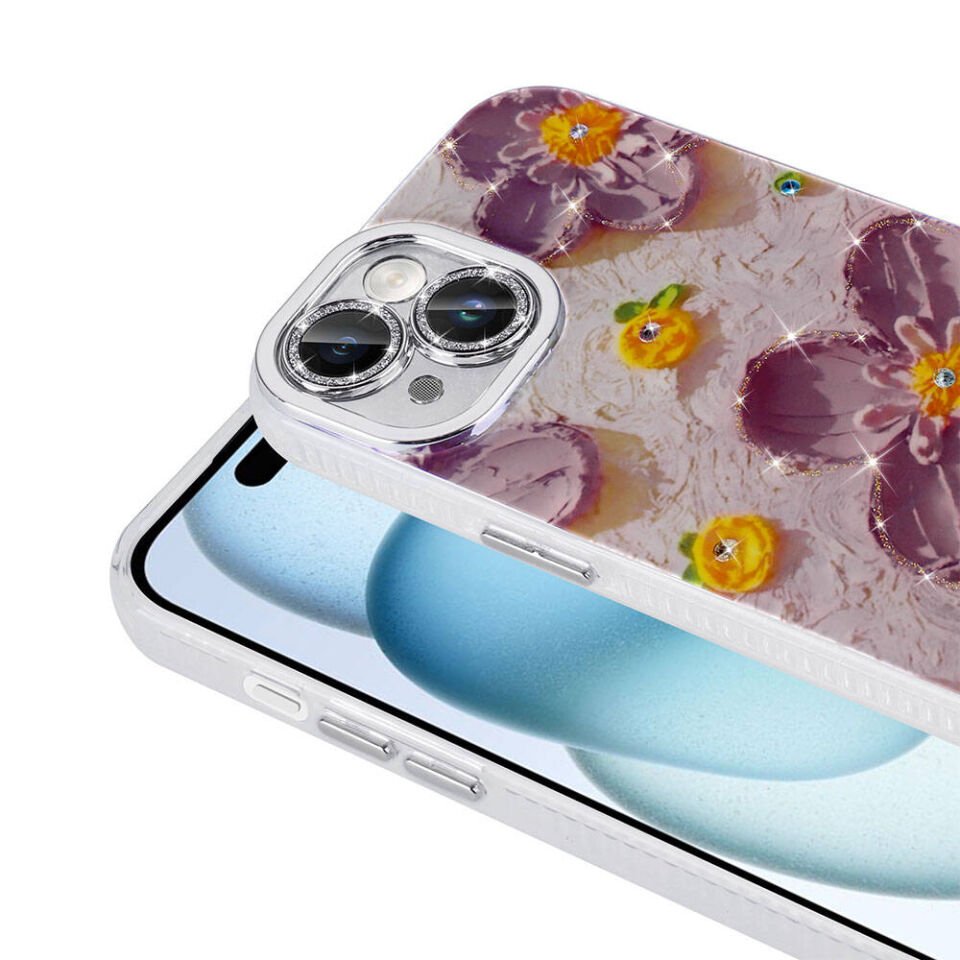 Apple iPhone 15 Kılıf Çiçek Desenli Parlak Taşlı Sert Silikon HEPTEKİLETİŞİM Garden Kapak