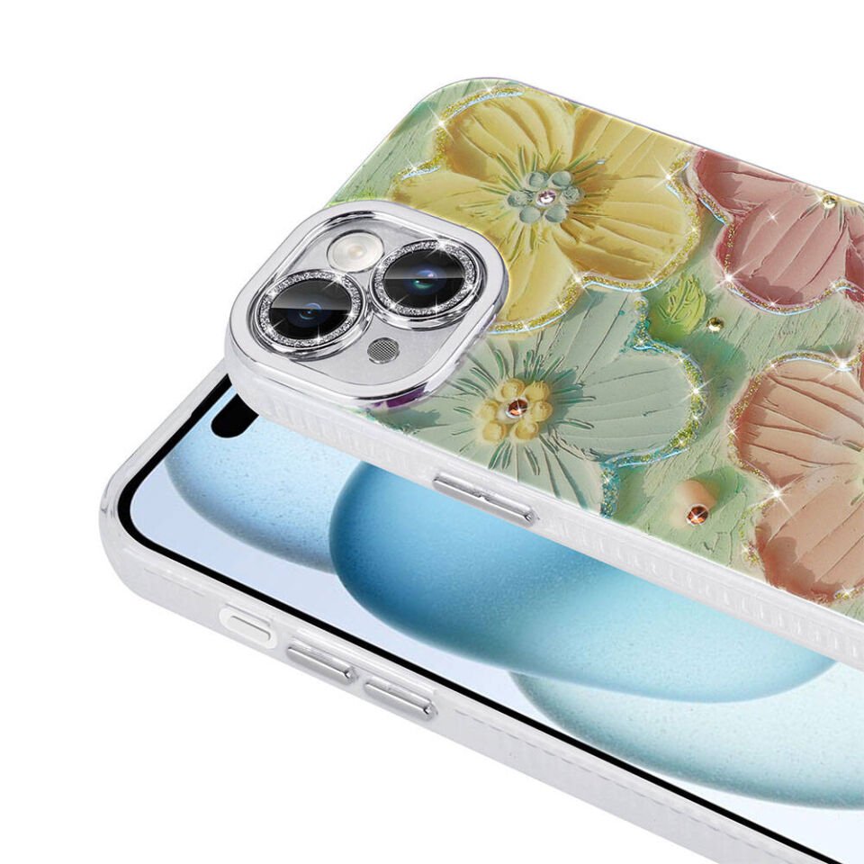 Apple iPhone 15 Kılıf Çiçek Desenli Parlak Taşlı Sert Silikon HEPTEKİLETİŞİM Garden Kapak