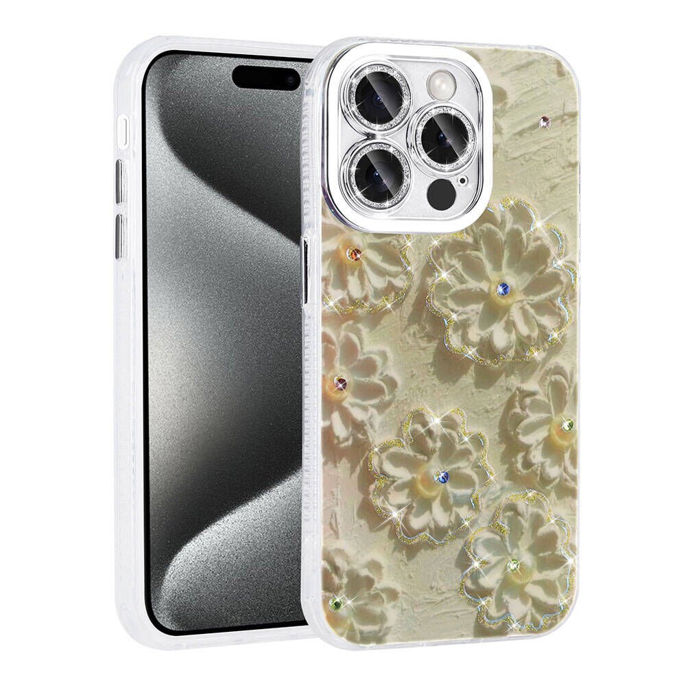 Apple iPhone 15 Pro Kılıf Çiçek Desenli Parlak Taşlı Sert Silikon HEPTEKİLETİŞİM Garden Kapak