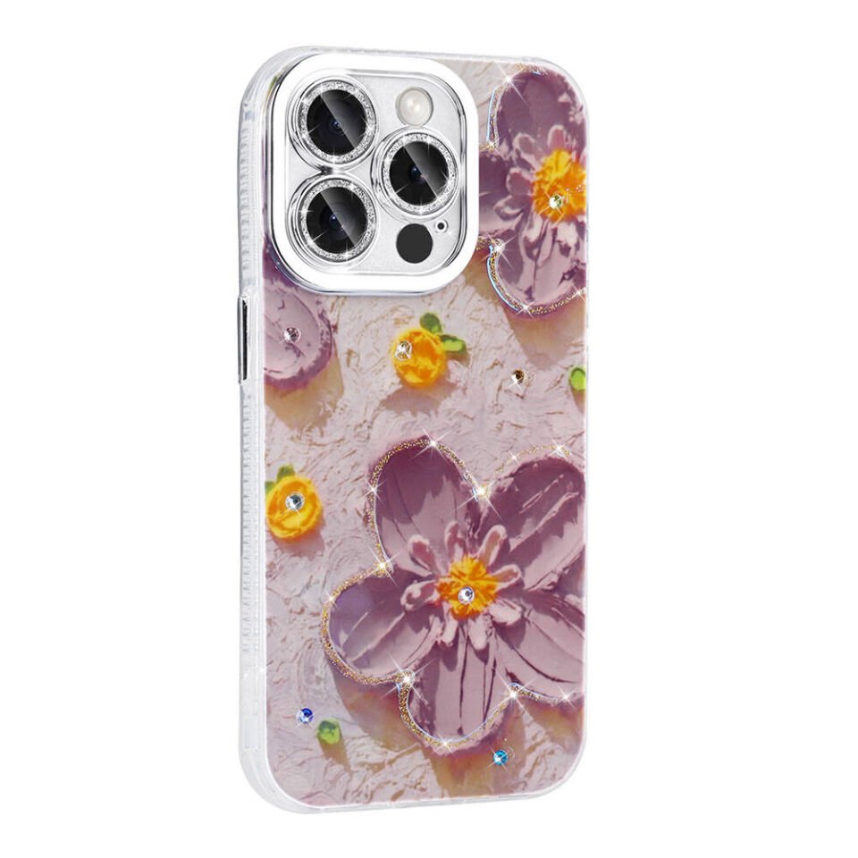 Apple iPhone 15 Pro Kılıf Çiçek Desenli Parlak Taşlı Sert Silikon HEPTEKİLETİŞİM Garden Kapak