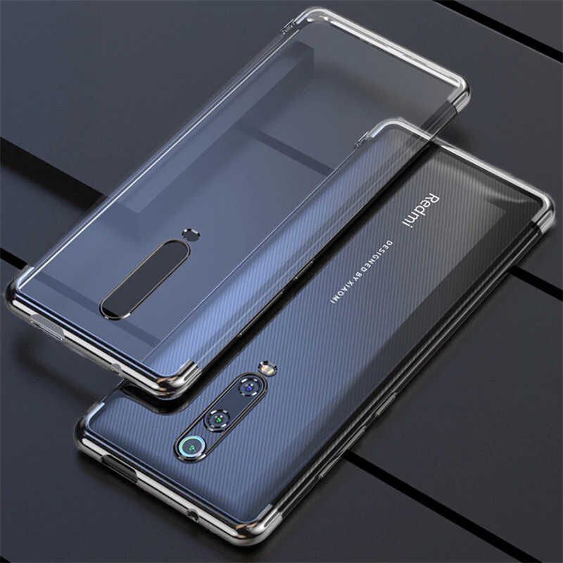 Xiaomi Mi 9T Kılıf Dört Köşe Renkli Lazer Şeffaf Silikon Kapak (GLİTTER) Gri