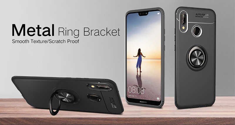 Huawei P20 Lite Kılıf Kamera Çıkıntılı Renkli Yüzüklü Standlı Mıknatıslı Kapak (RAVEL) Mavi