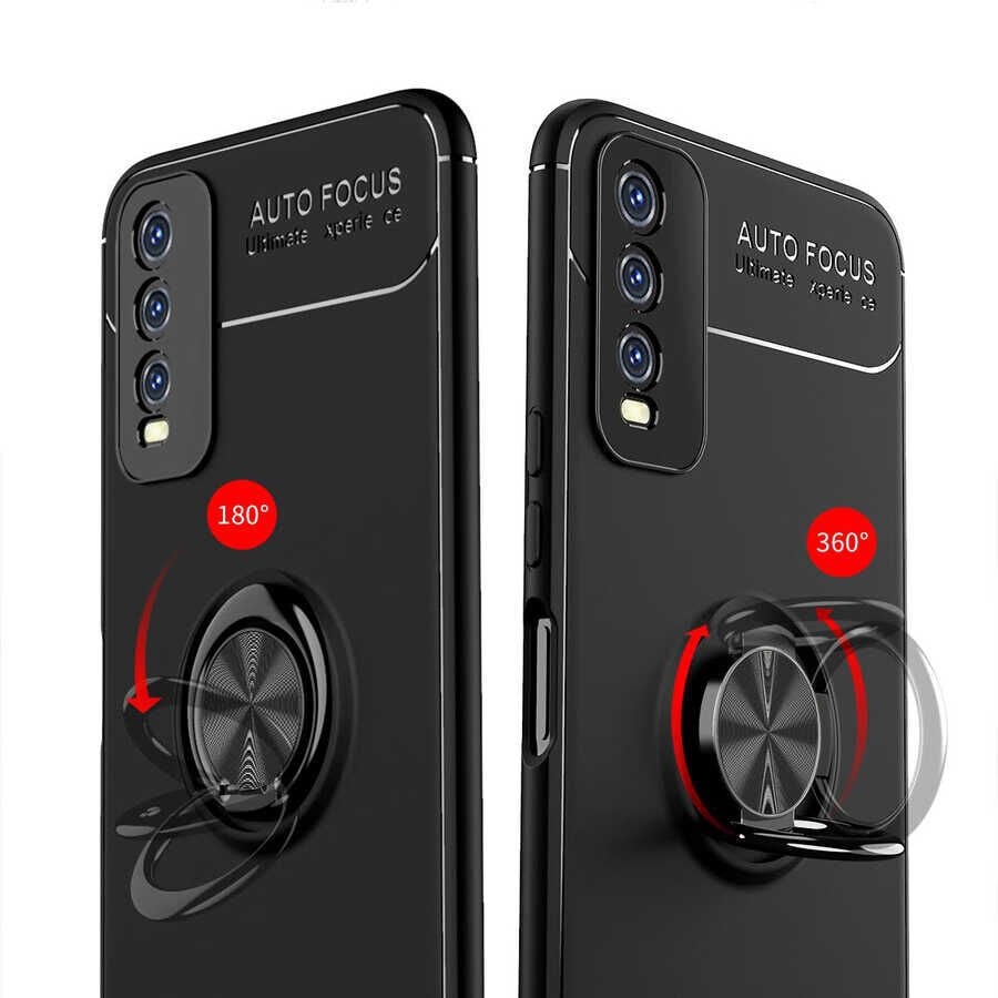 Vivo Y20S Kılıf Kamera Çıkıntılı Renkli Yüzüklü Standlı Mıknatıslı Kapak (RAVEL) Kırmızı