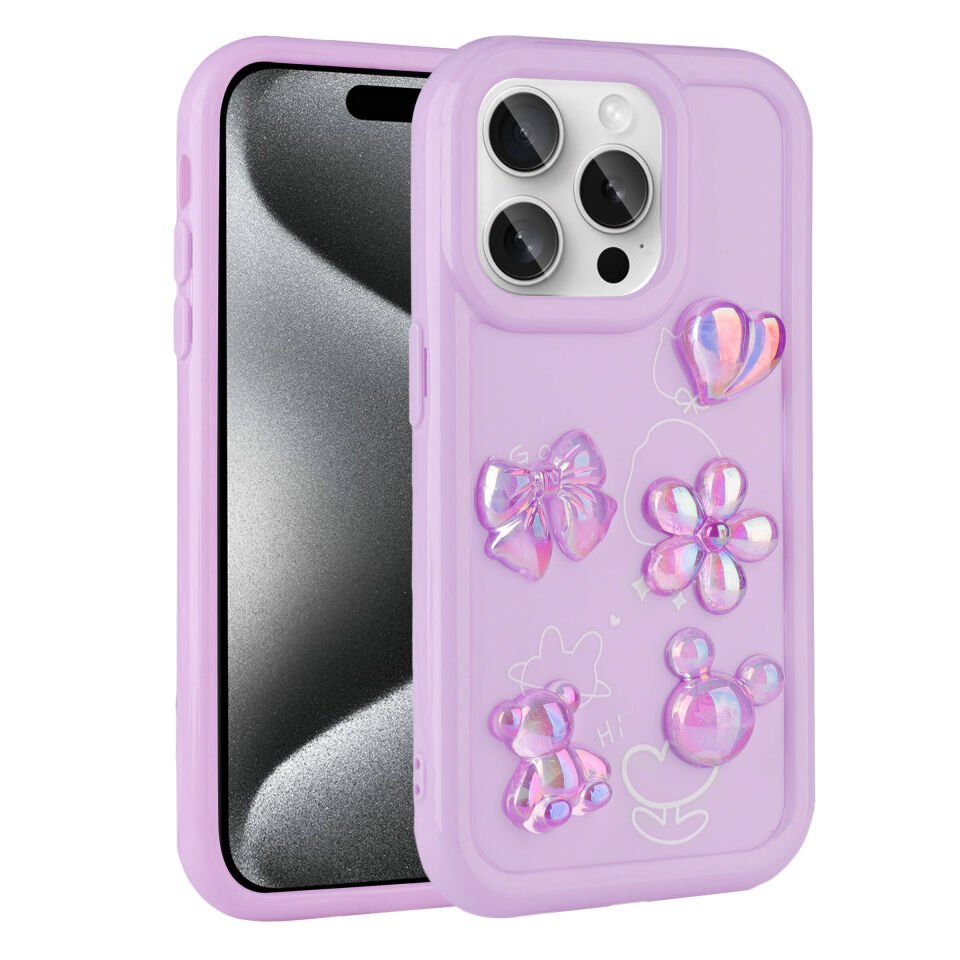 Apple  iPhone 14 Pro Max Kılıf Kamera Korumalı Kabartma Figürlü Parlak Silikon Kapak (Toys) Mor