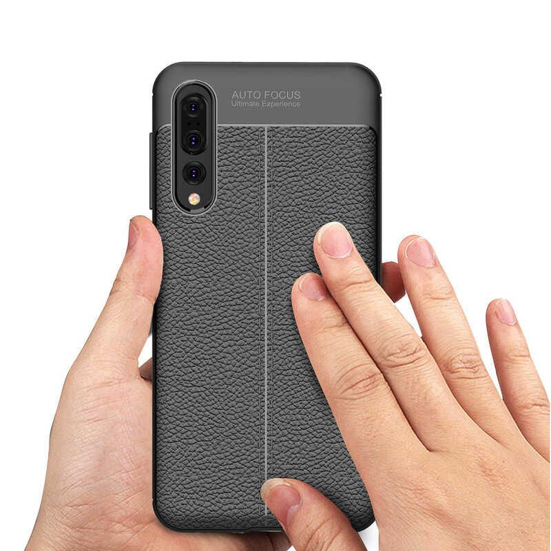 Huawei P20 Pro Kılıf Deri Görünümlü Renk Atmayan Dayanaklı Silikon Kapak (NİSS) Gri