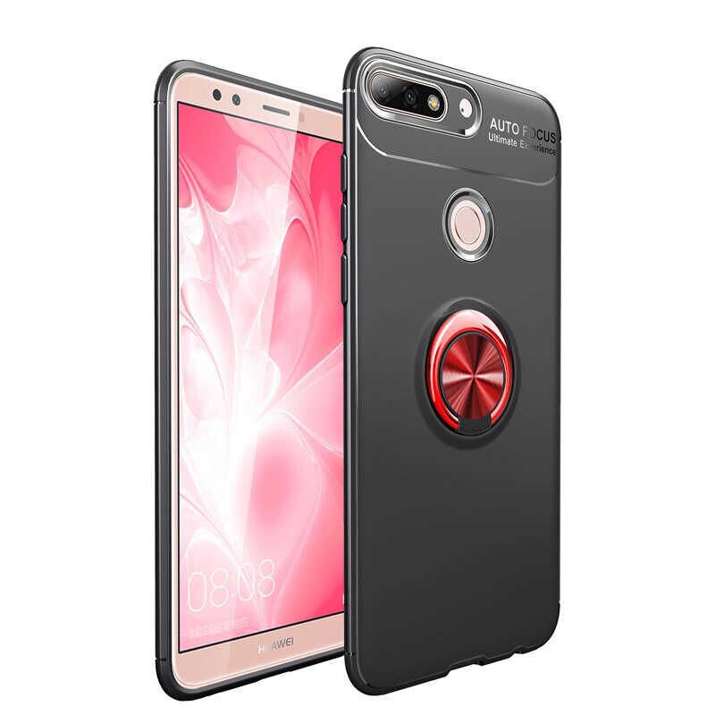 Huawei Y7 2018 Kılıf Kamera Çıkıntılı Renkli Yüzüklü Standlı Mıknatıslı Kapak (RAVEL) Kırmızı