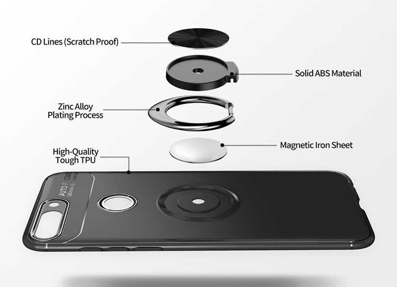 Huawei Y7 2018 Kılıf Kamera Çıkıntılı Renkli Yüzüklü Standlı Mıknatıslı Kapak (RAVEL) Siyah-Rose Gold