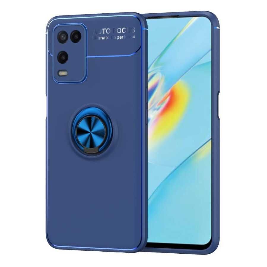 Oppo A54 4G Kılıf Kamera Çıkıntılı Renkli Yüzüklü Standlı Mıknatıslı Kapak (RAVEL) Mavi