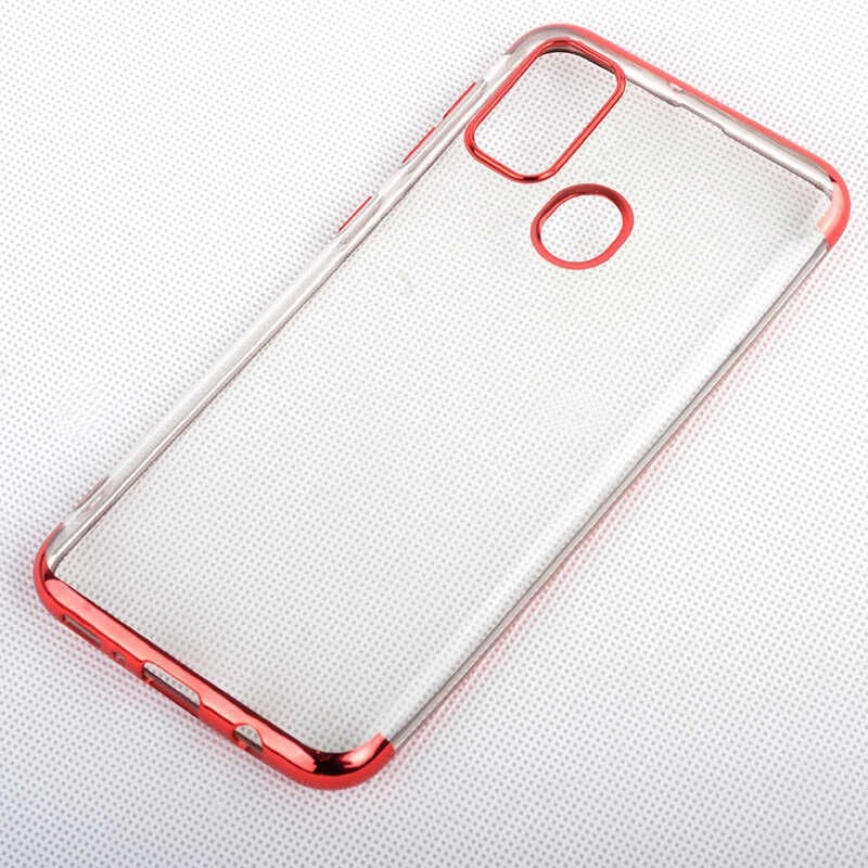 Samsung Galaxy M30S Kılıf Dört Köşe Renkli Lazer Şeffaf Silikon Kapak (GLİTTER) Kırmızı