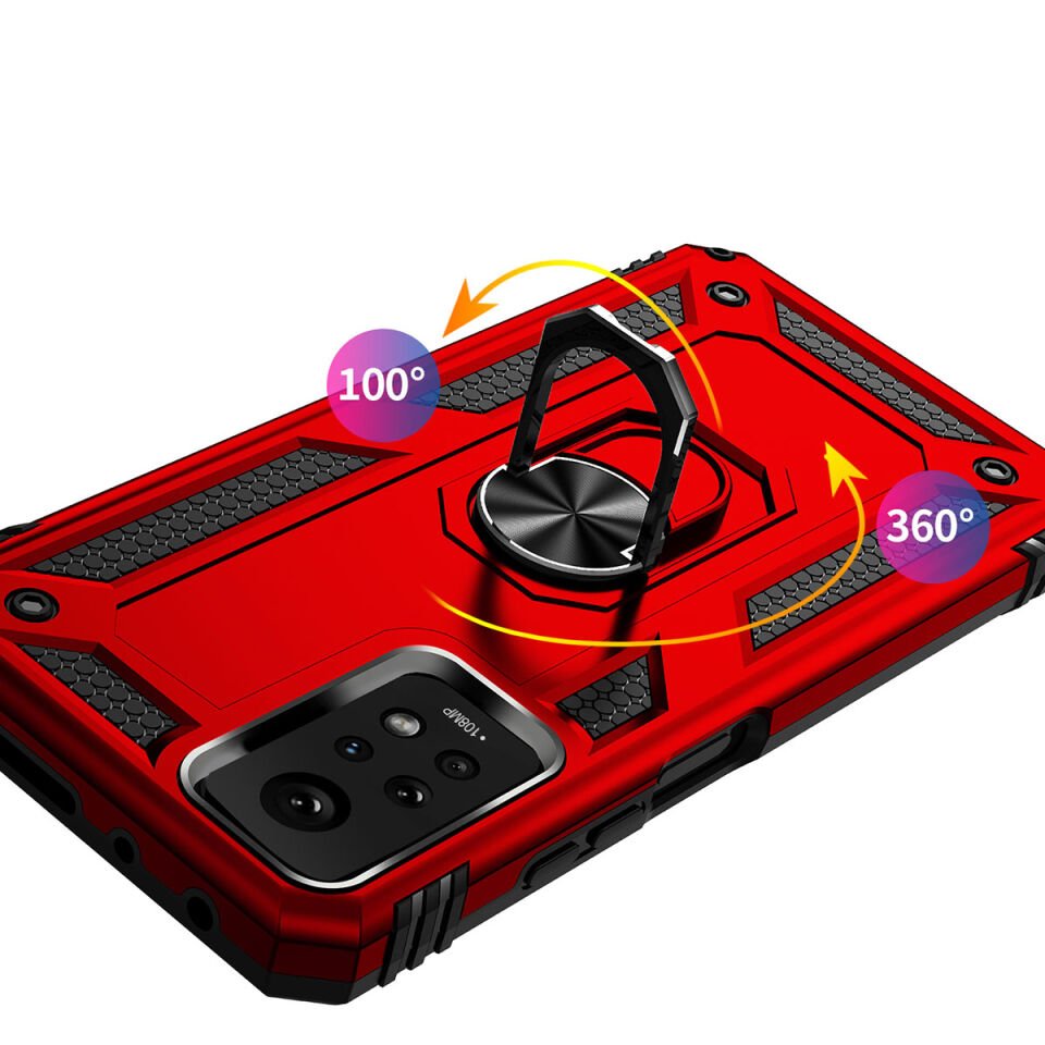 Xiaomi Redmi Note 12 Pro 4G Kılıf Tank Zırh Yüzüklü Mıknatıslı Standlı Kapak (VEGA) Kırmızı