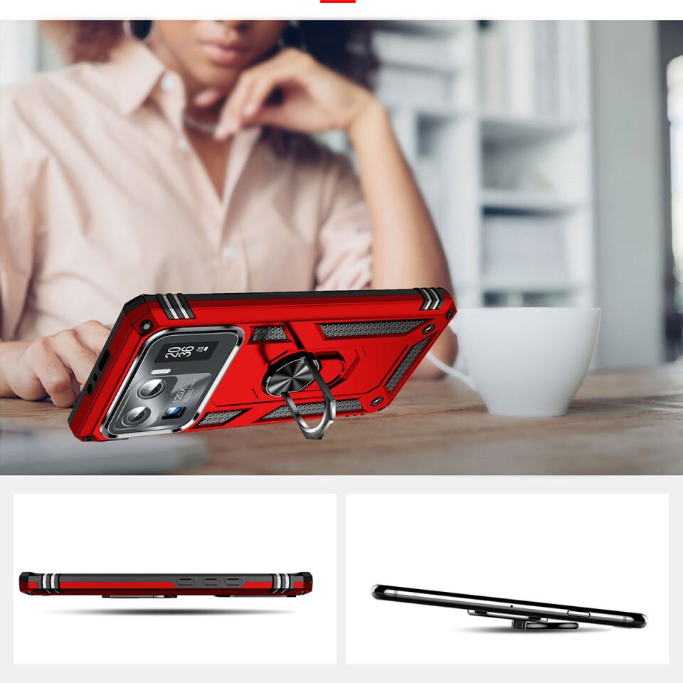 Xiaomi Mi 11 Ultra Kılıf Tank Zırh Yüzüklü Mıknatıslı Standlı Kapak (VEGA) Kırmızı