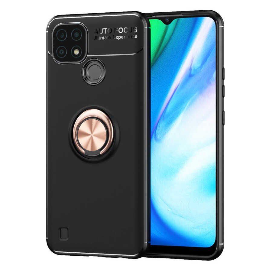 Realme C21 Kılıf Kamera Çıkıntılı Renkli Yüzüklü Standlı Mıknatıslı Kapak (RAVEL) Mavi