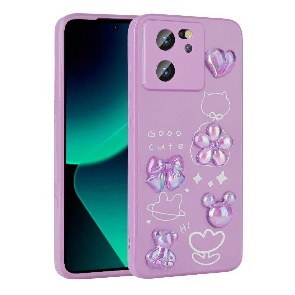 Xiaomi Mi 13T Kılıf Kamera Korumalı Kabartma Figürlü Parlak Silikon Kapak (Toys) Mor
