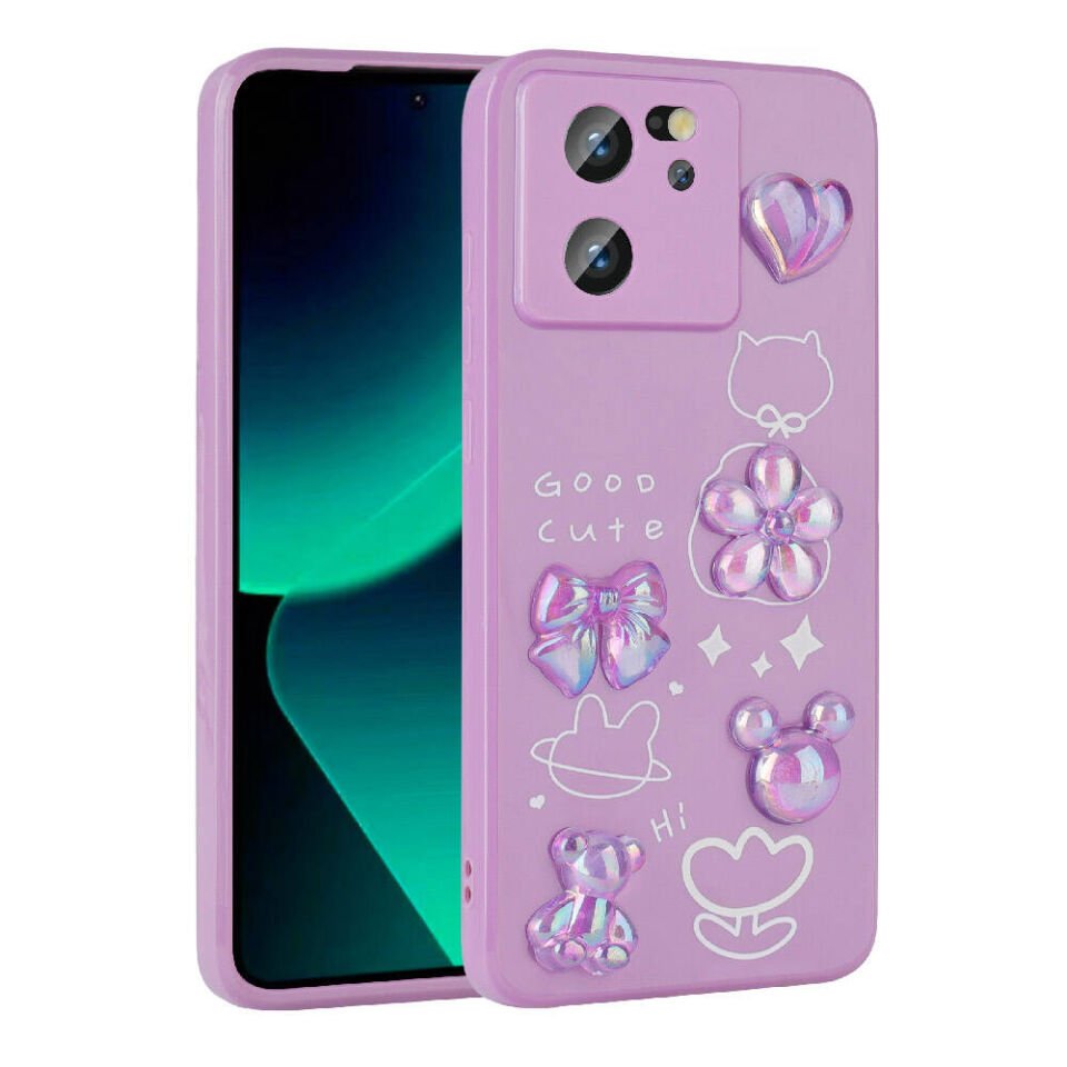 Xiaomi Mi 13T Kılıf Kamera Korumalı Kabartma Figürlü Parlak Silikon Kapak (Toys) Mor