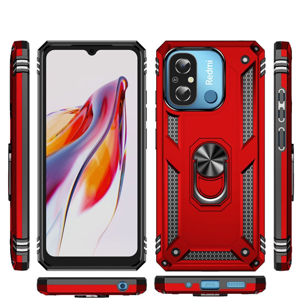 Xiaomi Redmi 12C Kılıf Tank Zırh Yüzüklü Mıknatıslı Standlı Kapak (VEGA) Siyah