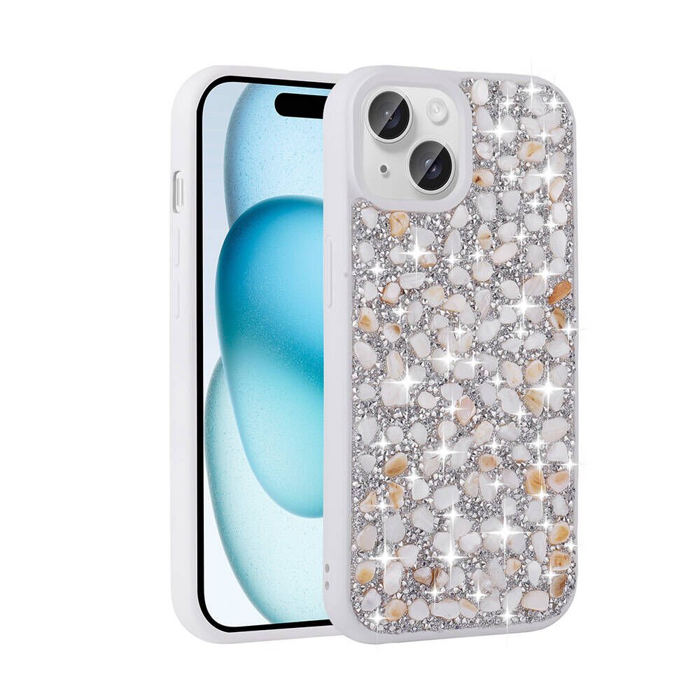 Apple iPhone 15 Kılıf Kamera Çıkıntılı Parlak Taşlı Tasarım Renkli Koruyucu Kapak (Linea) Beyaz