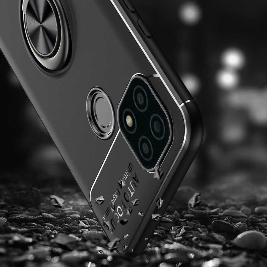 Realme C21 Kılıf Kamera Çıkıntılı Renkli Yüzüklü Standlı Mıknatıslı Kapak (RAVEL) Siyah-Mavi