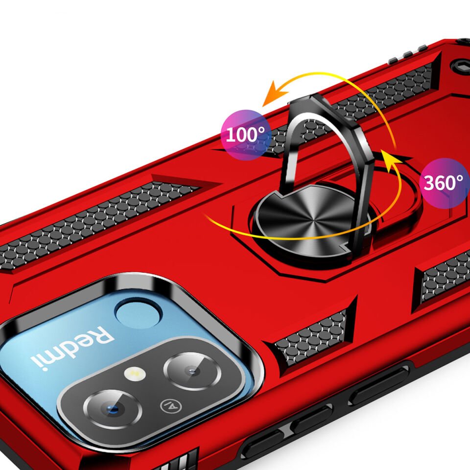 Xiaomi Redmi 12C Kılıf Tank Zırh Yüzüklü Mıknatıslı Standlı Kapak (VEGA) Mavi