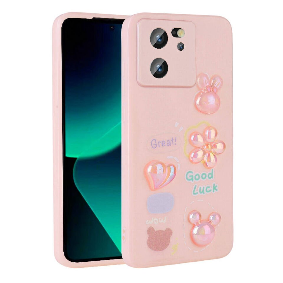 Xiaomi Mi 13T Pro Kılıf Kamera Korumalı Kabartma Figürlü Parlak Silikon Kapak (Toys) Pembe