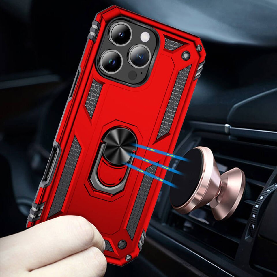 Apple iPhone 16 Pro Max Kılıf Tank Zırh Yüzüklü Mıknatıslı Standlı Kapak (VEGA) Kırmızı