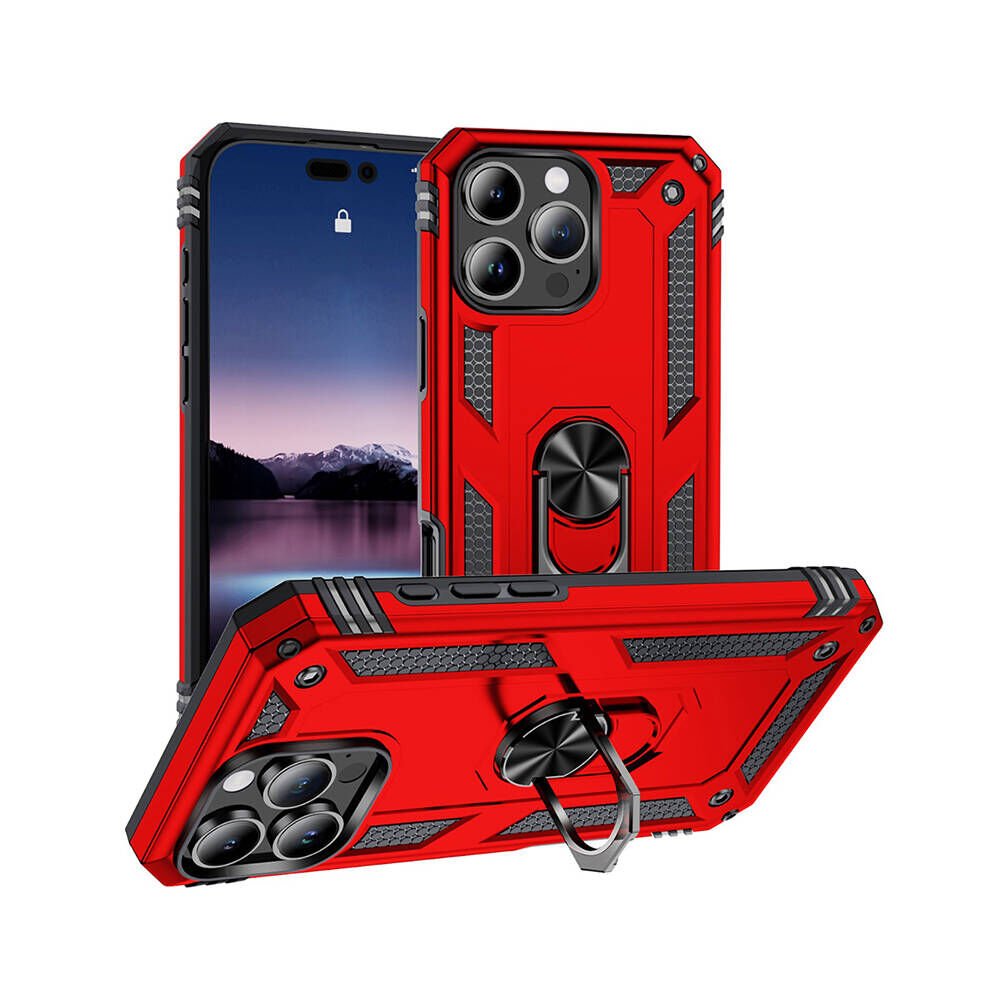 Apple iPhone 16 Pro Max Kılıf Tank Zırh Yüzüklü Mıknatıslı Standlı Kapak (VEGA) Kırmızı