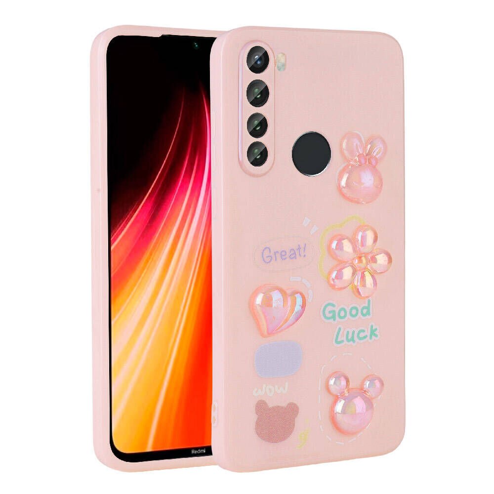 Xiaomi Redmi Note 8 Kılıf Kamera Korumalı Kabartma Figürlü Parlak Silikon Kapak (Toys) Pembe