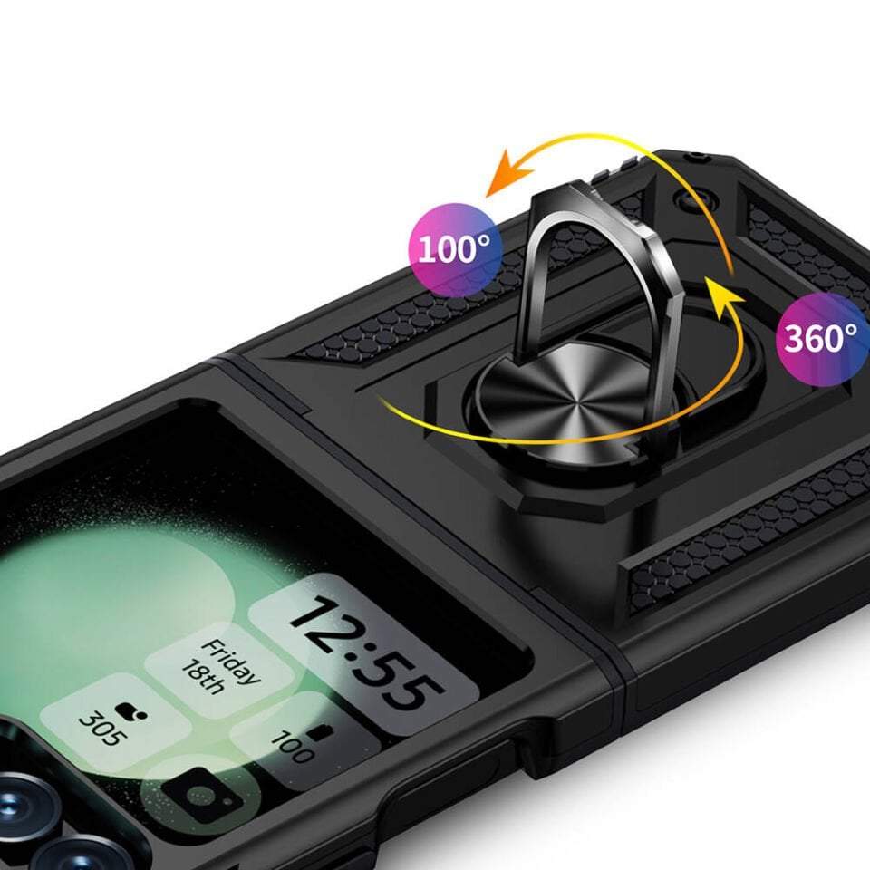 Samsung Galaxy Z Flip 6 Kılıf Tank Zırh Yüzüklü Mıknatıslı Standlı Kapak (VEGA) Mavi