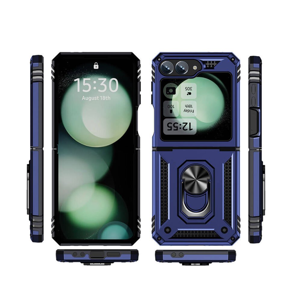 Samsung Galaxy Z Flip 6 Kılıf Tank Zırh Yüzüklü Mıknatıslı Standlı Kapak (VEGA) Mavi