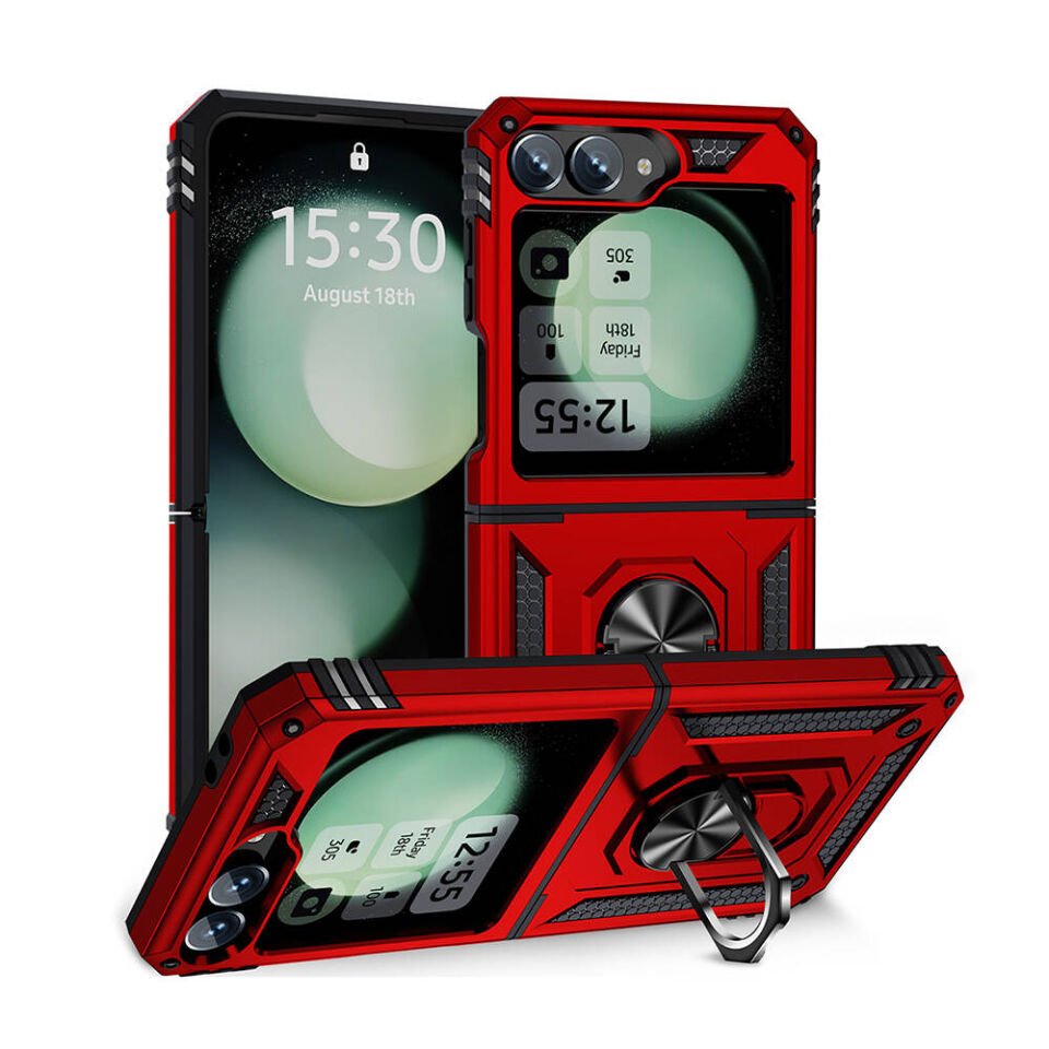 Samsung Galaxy Z Flip 6 Kılıf Tank Zırh Yüzüklü Mıknatıslı Standlı Kapak (VEGA) Kırmızı