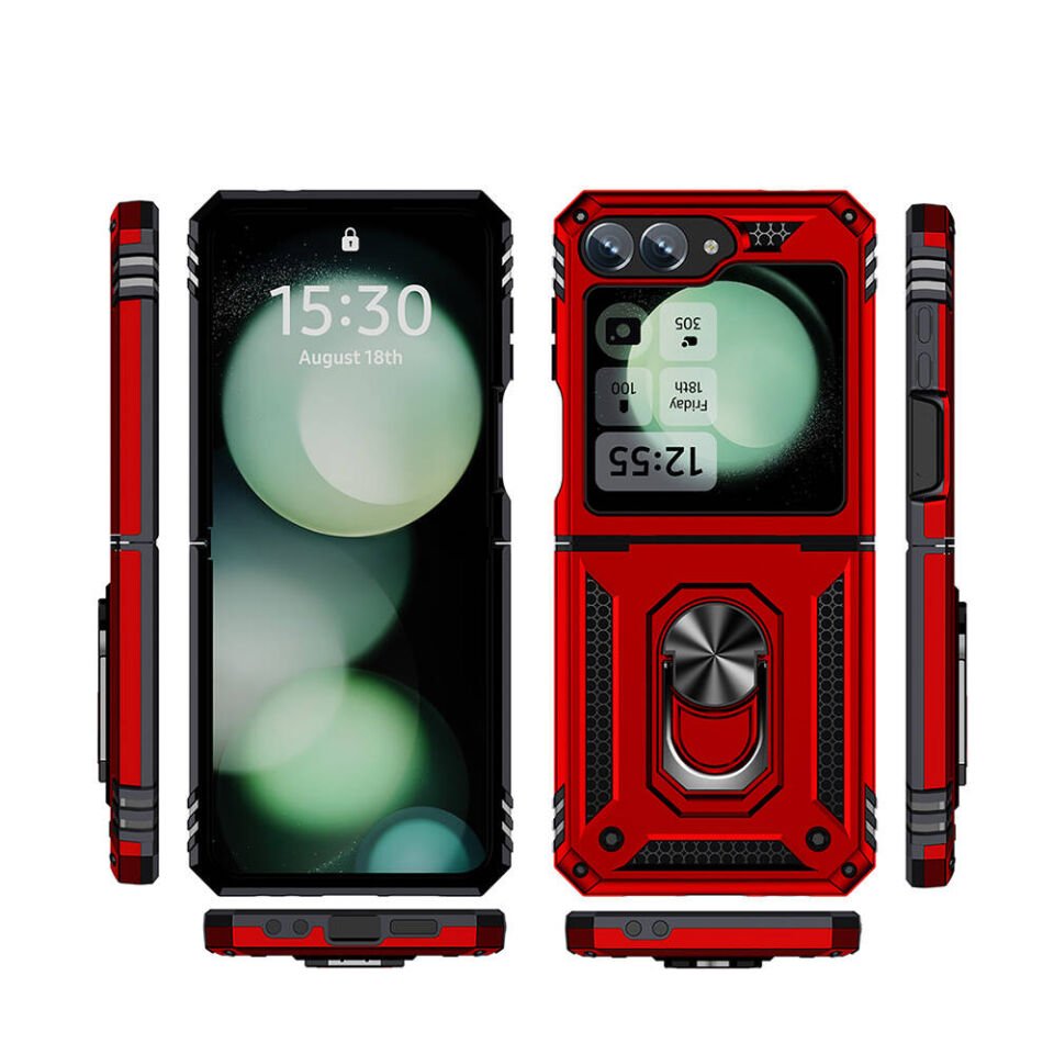 Samsung Galaxy Z Flip 6 Kılıf Tank Zırh Yüzüklü Mıknatıslı Standlı Kapak (VEGA) Kırmızı
