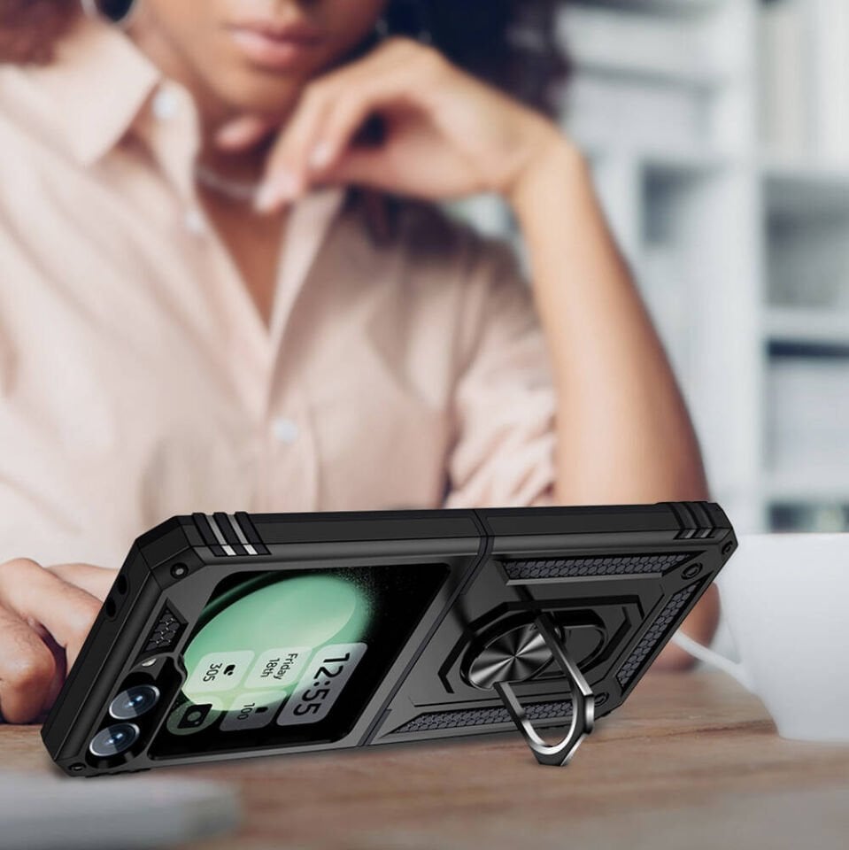 Samsung Galaxy Z Flip 6 Kılıf Tank Zırh Yüzüklü Mıknatıslı Standlı Kapak (VEGA) Kırmızı