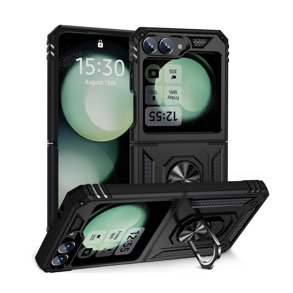 Samsung Galaxy Z Flip 6 Kılıf Tank Zırh Yüzüklü Mıknatıslı Standlı Kapak (VEGA) Siyah
