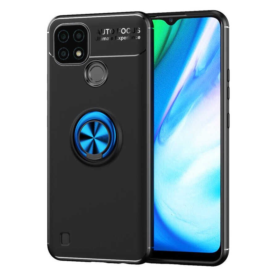 Realme C25 Kılıf Kamera Çıkıntılı Renkli Yüzüklü Standlı Mıknatıslı Kapak (RAVEL) Mavi