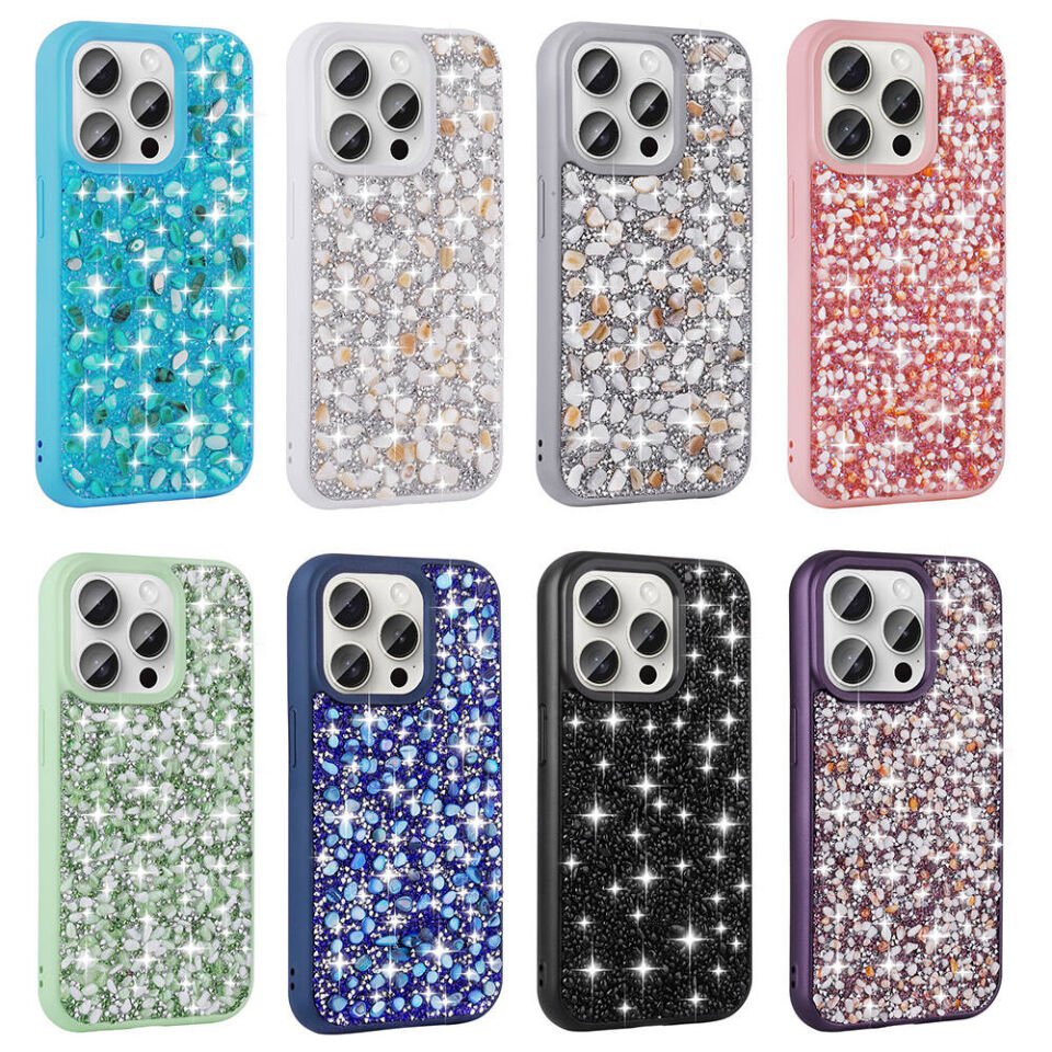Apple iPhone 15 Pro Kılıf Kamera Çıkıntılı Parlak Taşlı Tasarım Renkli Koruyucu Kapak (Linea) Pembe
