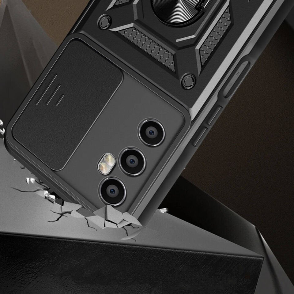 Realme C65 4G Kılıf Sürgülü Tank Zırh Yüzüklü Mıknatıslı Standlı Kapak (S-VEGA) Mavi
