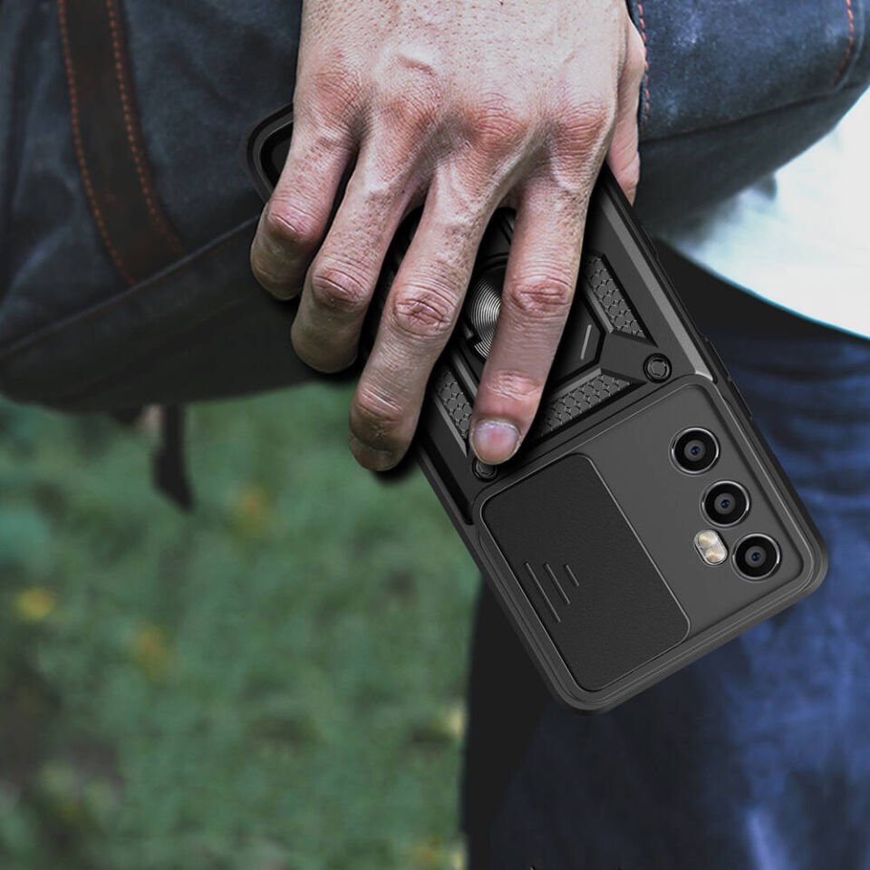 Realme C65 4G Kılıf Sürgülü Tank Zırh Yüzüklü Mıknatıslı Standlı Kapak (S-VEGA) Mavi