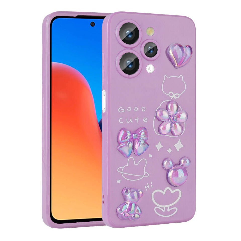 Xiaomi Redmi 12 Kılıf Kamera Korumalı Kabartma Figürlü Parlak Silikon Kapak (Toys) Mor