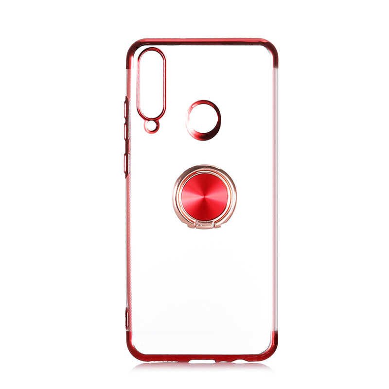 Huawei Y6P Kılıf Yüzüklü Standlı Silikon Köşeleri Renkli Kapak (GES) Kırmızı
