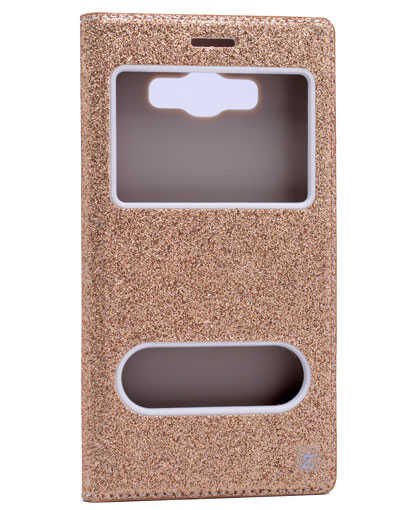 Samsung Galaxy A8 Kapaklı Kılıf Simli Mıknatıslı Kapak (DOLCE-SİM) Gold