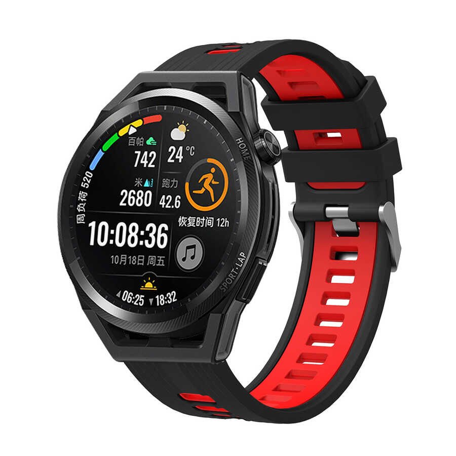 Samsung Galaxy Watch 46mm Silikon Kordon Esnek Yapılı Tasarım (KRD-55) Siyah-Kırmızı