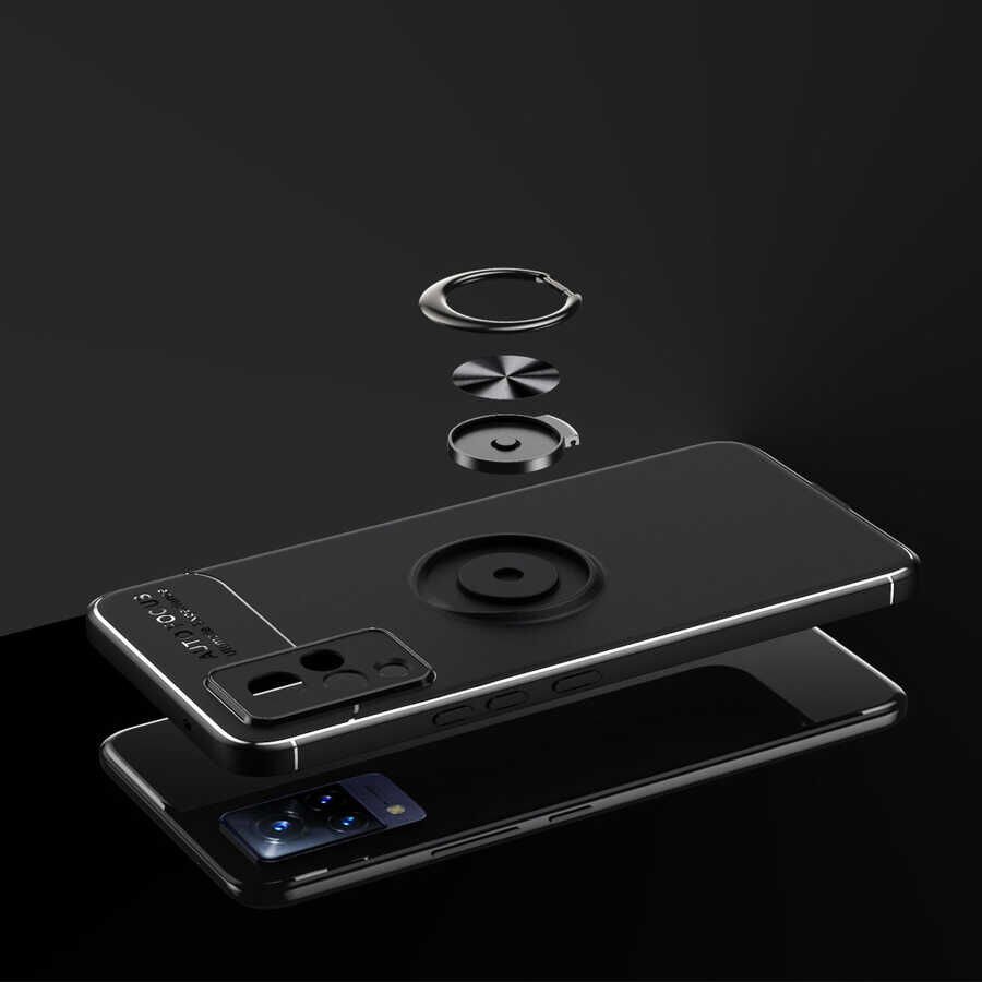 Vivo V21 Kılıf Kamera Çıkıntılı Renkli Yüzüklü Standlı Mıknatıslı Kapak (RAVEL) Siyah-Mavi