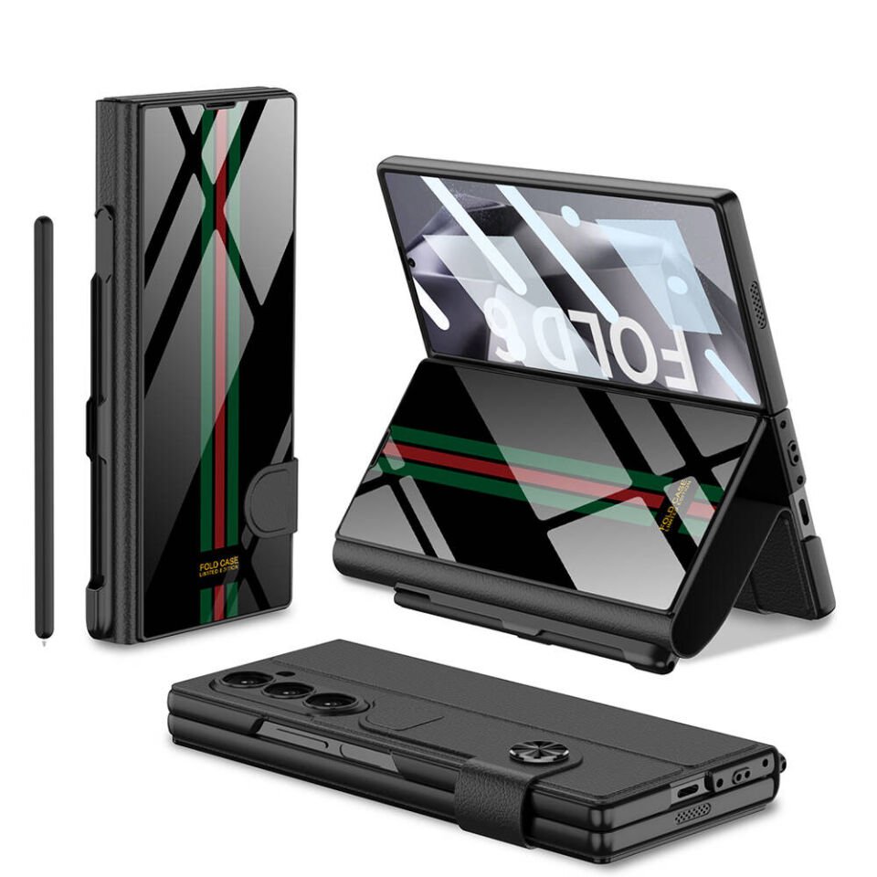 Samsung Galaxy Z Fold 6 Kılıf Kamera Korumalı Kartlıklı Kalem Bölmeli Kıpta Kapak (Çizgili Droga) Yeşil Kırmızı