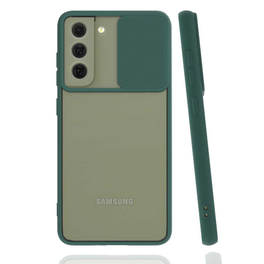 Samsung Galaxy S22 Kılıf Slayt Sürgülü Kamera Korumalı Renkli Silikon Kapak Koyu Yeşil
