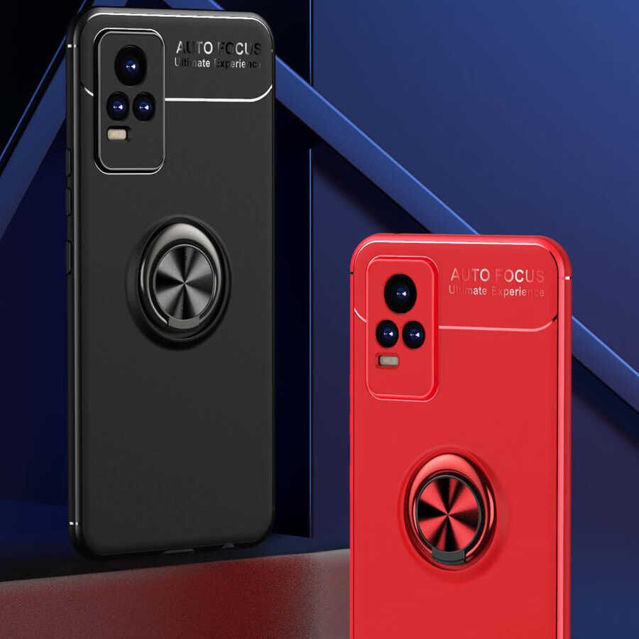 Vivo V21E Kılıf Kamera Çıkıntılı Renkli Yüzüklü Standlı Mıknatıslı Kapak (RAVEL) Siyah