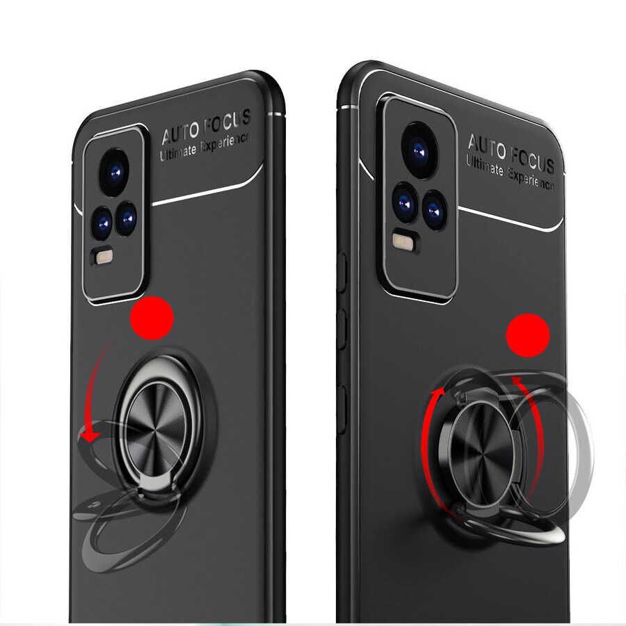 Vivo V21E Kılıf Kamera Çıkıntılı Renkli Yüzüklü Standlı Mıknatıslı Kapak (RAVEL) Siyah