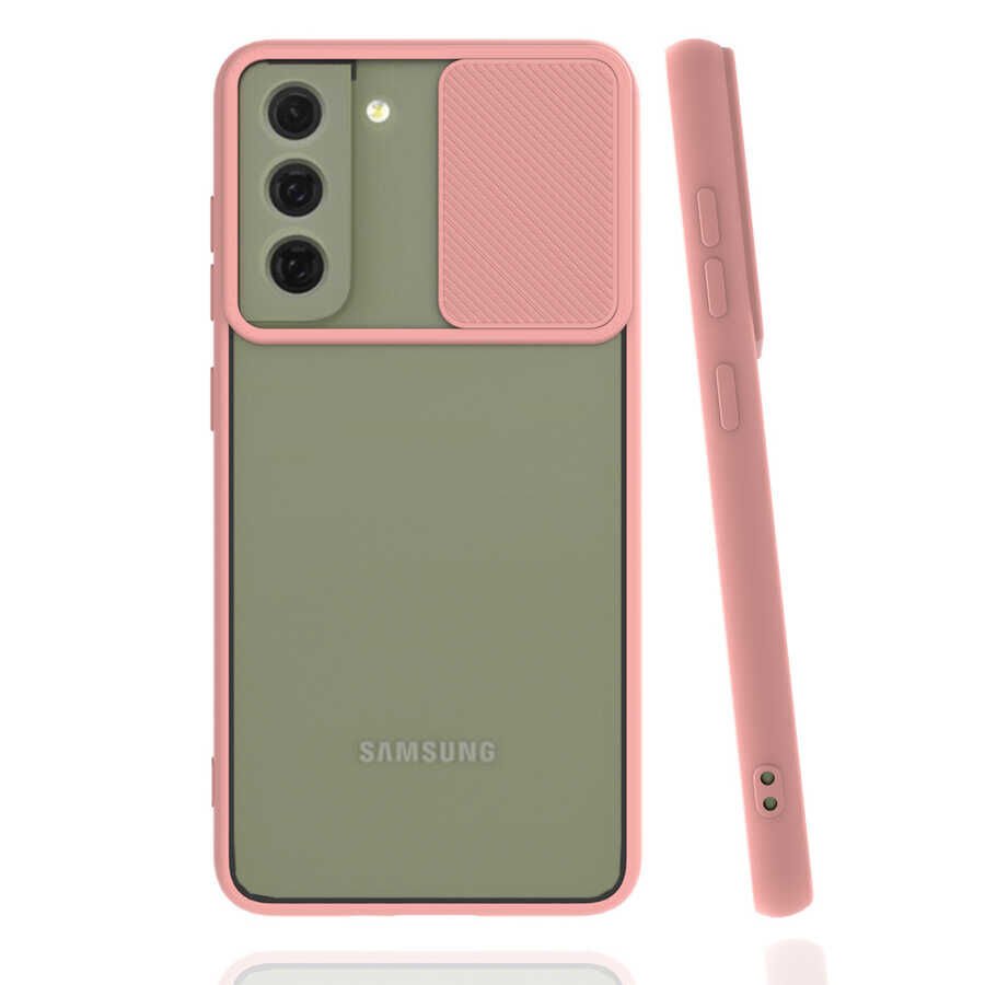 Samsung Galaxy S22 Kılıf Slayt Sürgülü Kamera Korumalı Renkli Silikon Kapak Pembe Açık