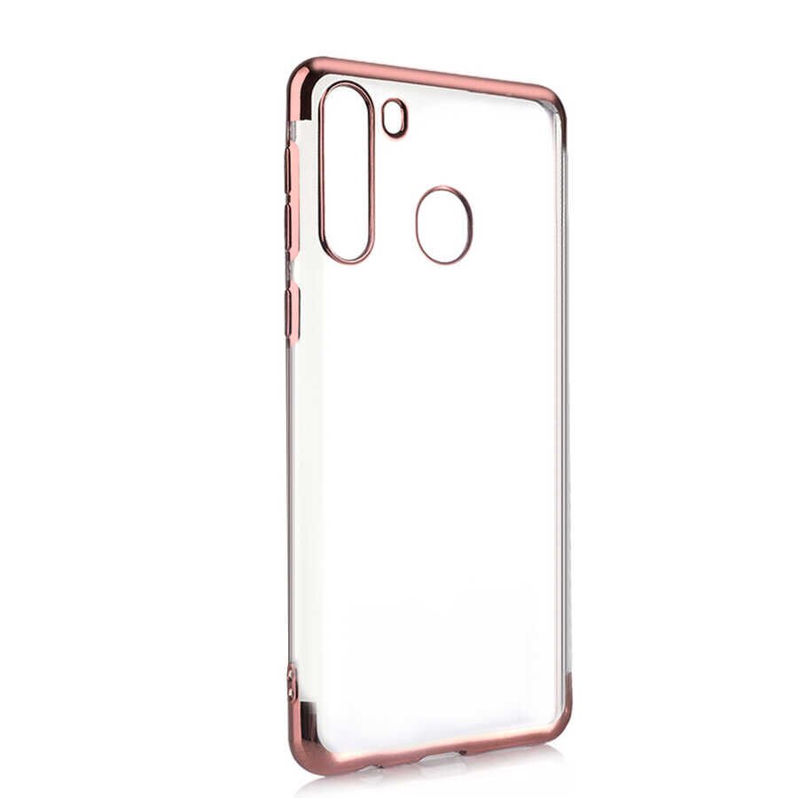 Samsung Galaxy A11 Kılıf Dört Köşe Renkli Lazer Şeffaf Silikon Kapak (GLİTTER) Rose Gold