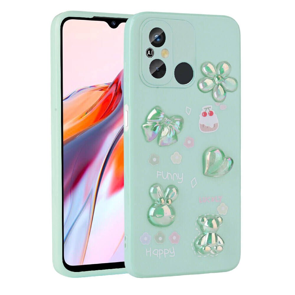 Xiaomi Redmi 12C Kılıf Kamera Korumalı Kabartma Figürlü Parlak Silikon Kapak (Toys) Açık Yeşil