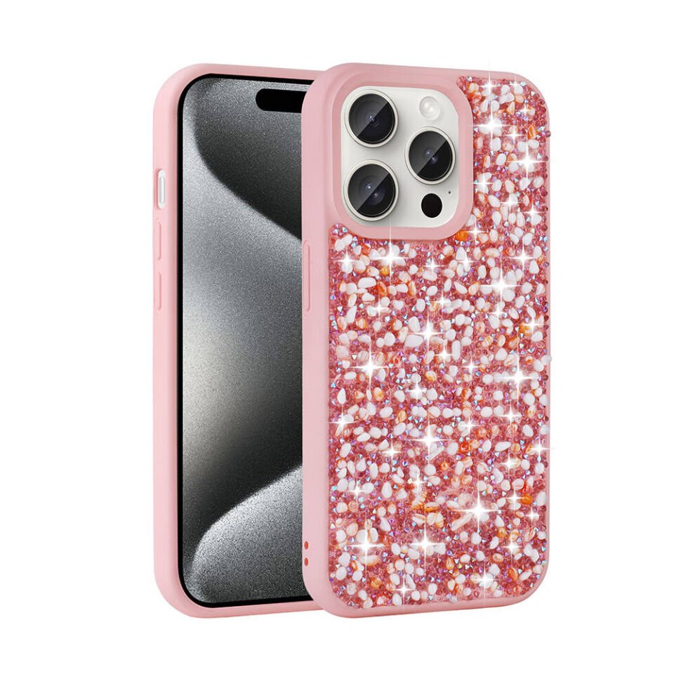 Apple iPhone 15 Pro Max Kılıf Kamera Çıkıntılı Parlak Taşlı Tasarım Renkli Koruyucu Kapak (Linea) Pembe