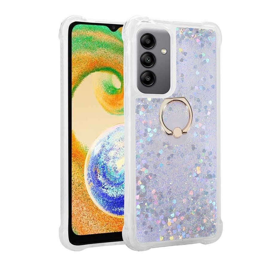 Samsung Galaxy A34 Kılıf Sıvılı Akışkanlı Desenli Simli Yüzüklü Silikon Kapak (MİLCE) Gümüş